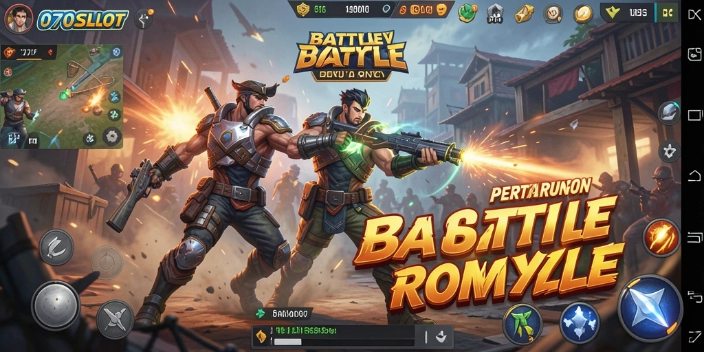 Screenshot gameplay seru dari 070SLOT yang menunjukkan pertempuran Battle Royale.