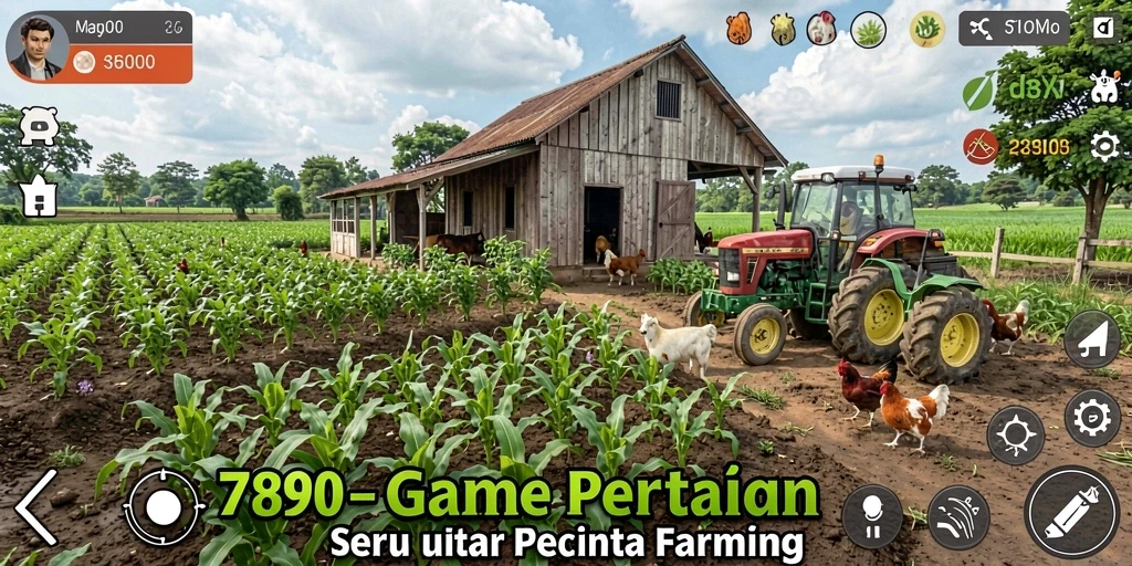 Tampilan gameplay C7890 yang menampilkan ladang hijau dan hewan ternak.