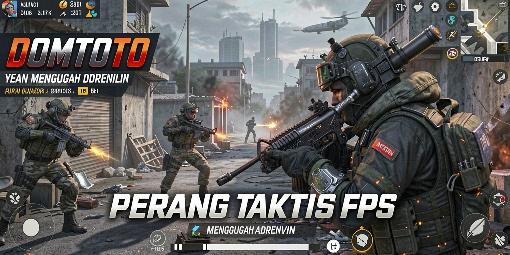 Tangkapan layar utama DOMTOTO menampilkan aksi menembak yang intens dalam lingkungan permainan yang dinamis.
