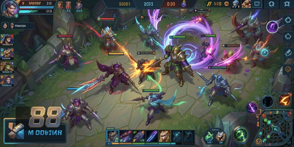 Screenshot gameplay E88 yang menunjukkan peperangan tim yang mendebarkan.