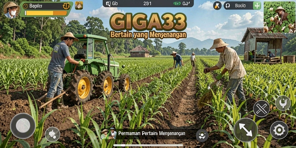 Screenshot gameplay GIGA33 yang memperlihatkan ladang yang subur.