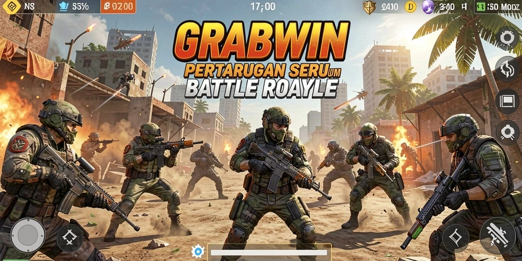 Tampilan aksi seru di dalam permainan GRABWIN Battle Royale.