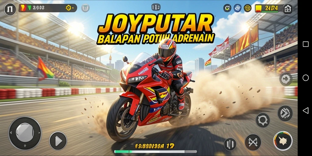 Screenshot gameplay JOYPUTAR yang menunjukkan aksi balapan motor yang seru.