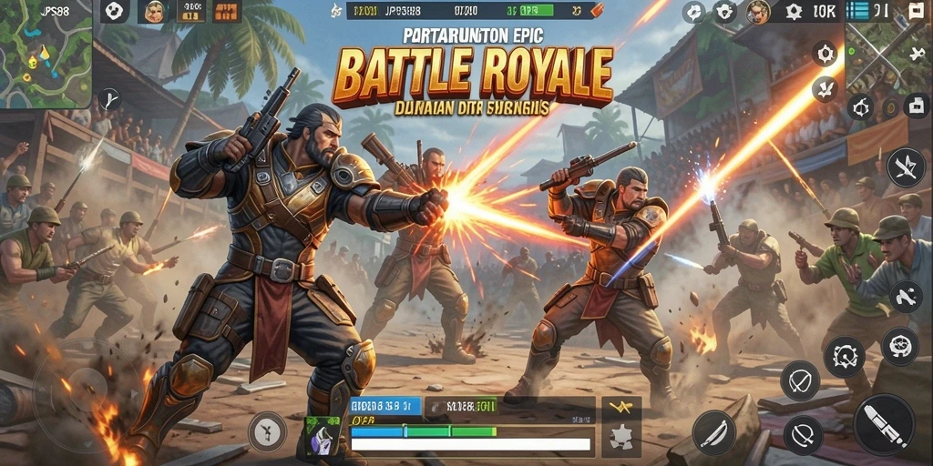 Tangkapan layar utama JPS88 menampilkan aksi pertempuran Battle Royale yang mendebarkan.