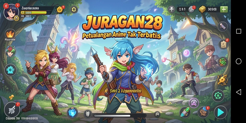 Tampilan gameplay JURAGAN28 yang penuh aksi dan karakter anime.