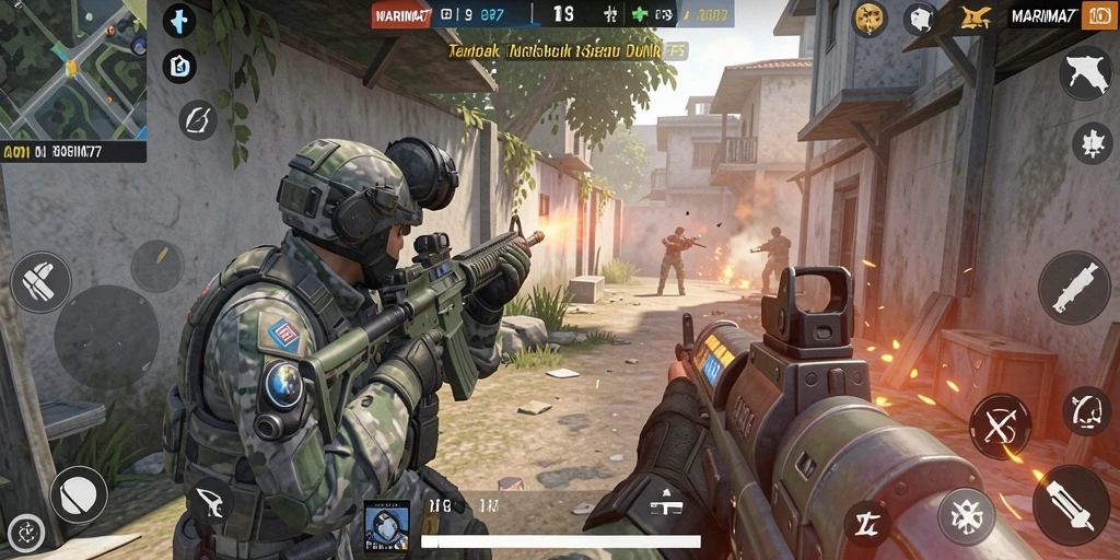 Tangkapan layar dari gameplay intens MARIMA77 dengan aksi tembak-menembak.