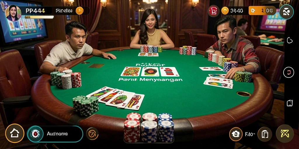 Tampilan gameplay seru PP444 dengan suasana permainan poker yang mendebarkan.