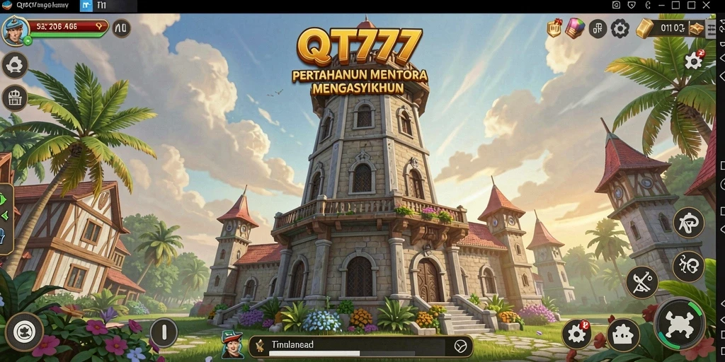 Tampilan menara dan musuh dalam gameplay Tower Defense.