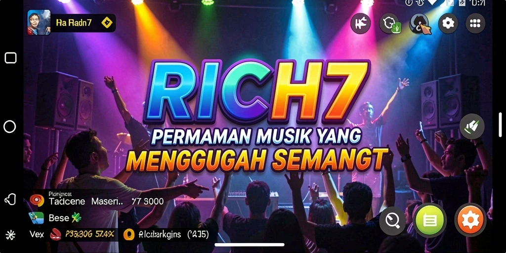 Gameplay seru RICH7 dengan beragam lagu dan tantangan.
