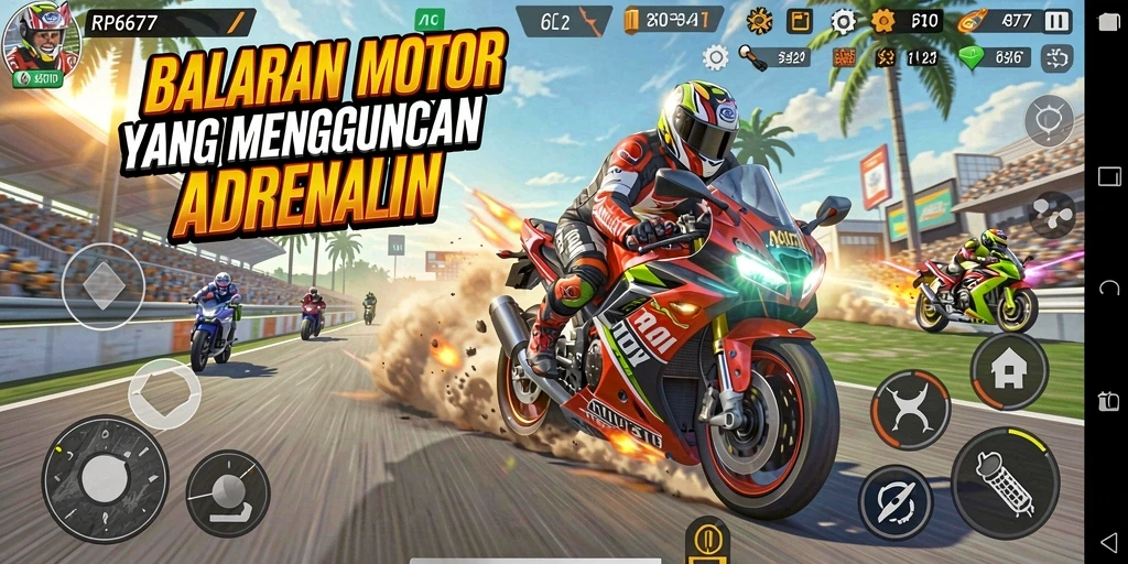 Tampilan gameplay mendebarkan di RP6677 saat balapan motor.