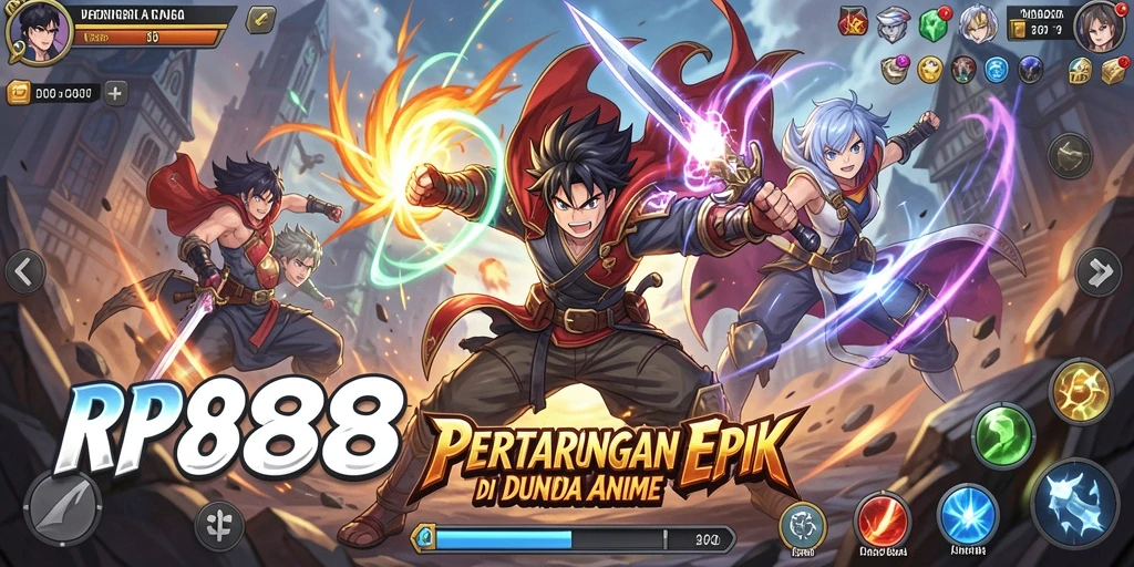 Screenshot utama RP888 menampilkan karakter anime dalam pertempuran yang mendebarkan.