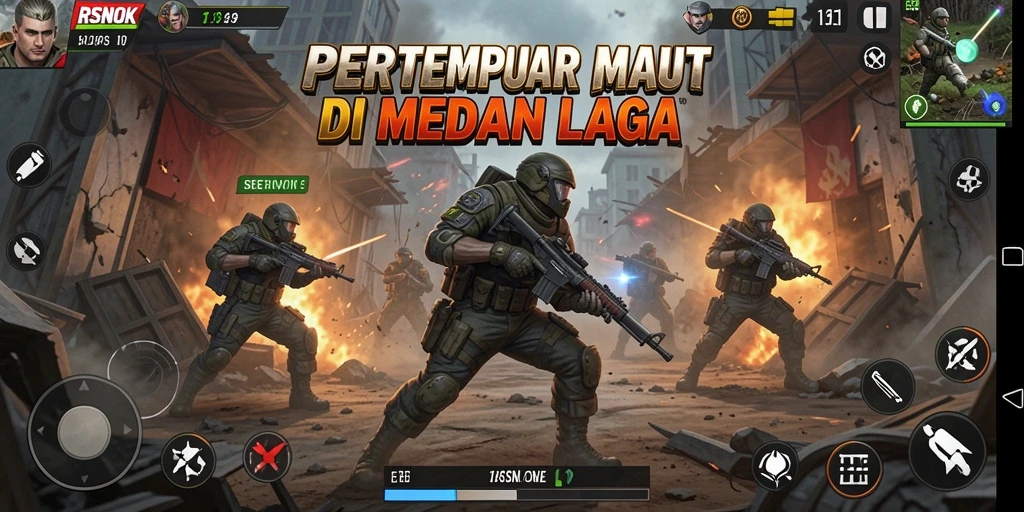 Screenshot utama RSNOK menampilkan aksi seru dalam Battle Royale.