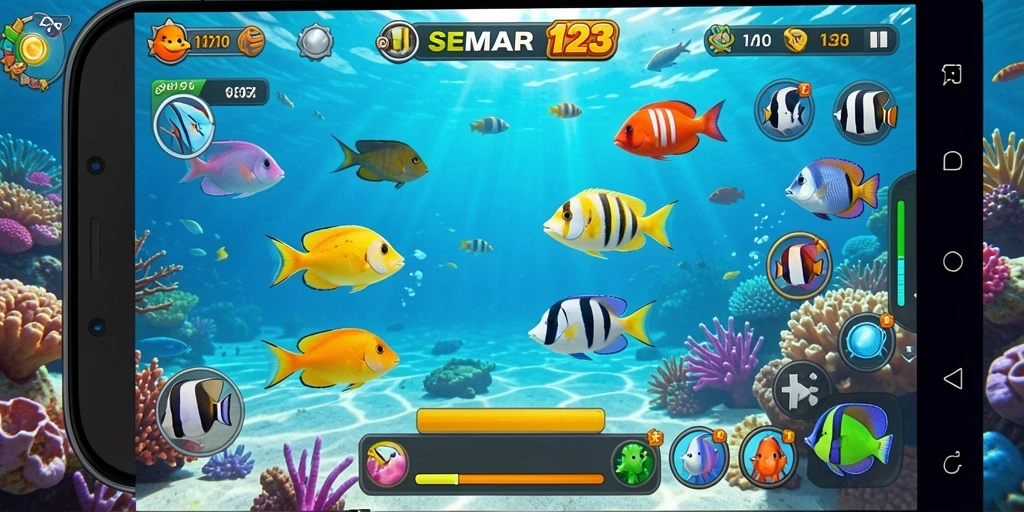 Tampilan gameplay seru dalam SEMAR123 saat menembak ikan.