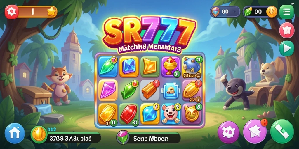 Tampilan screenshot SR777 menampilkan gameplay Match-3 yang penuh warna.
