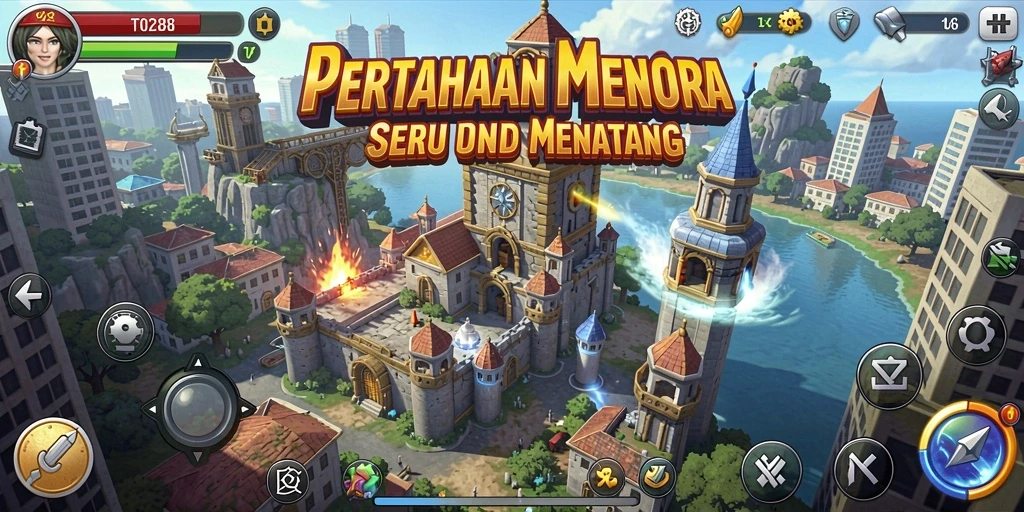 Tangkapan layar utama TO288 menunjukkan aksi menara dalam pertahanan melawan gelombang musuh.